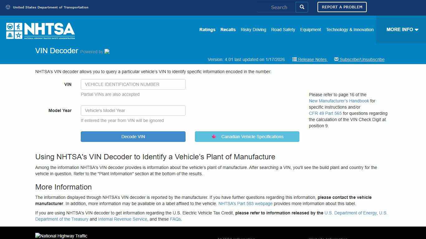 Welcome to VIN Decoding :: provided by vPIC