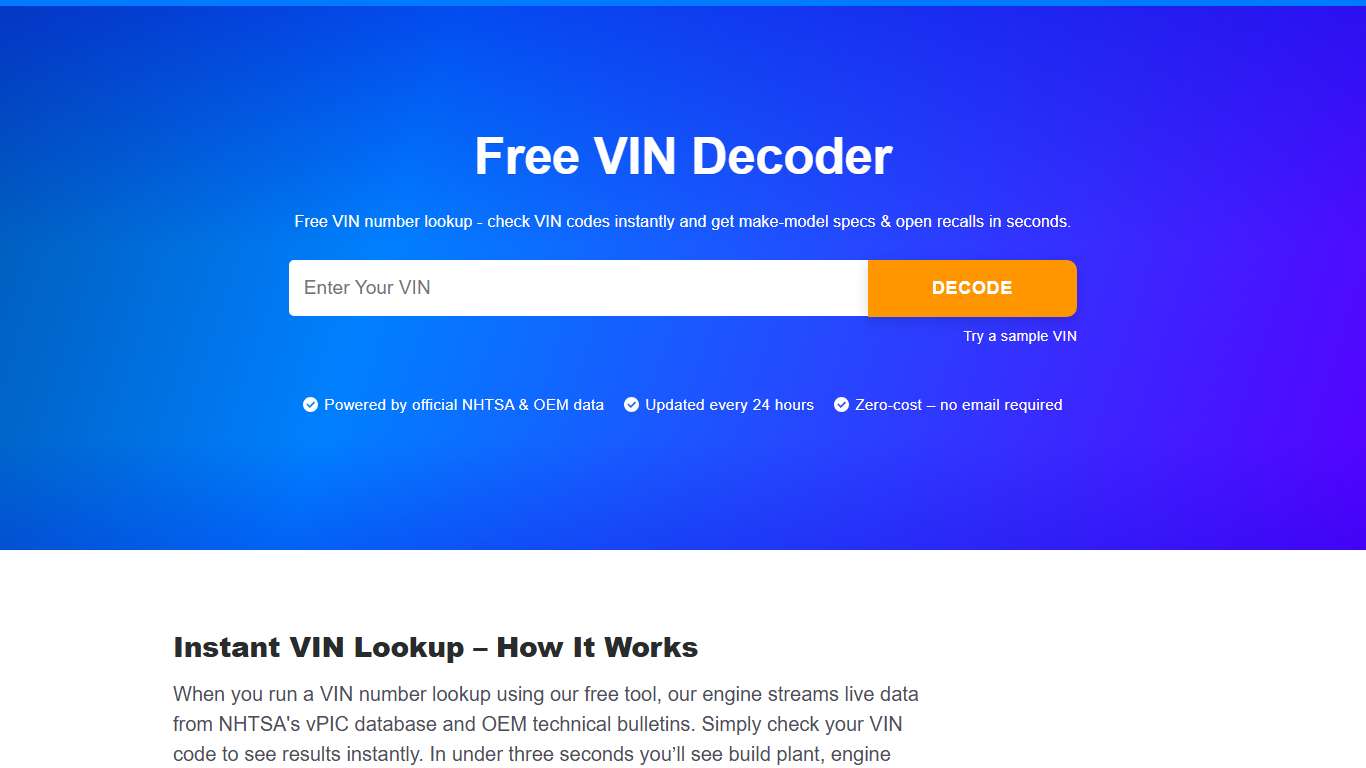 Free VIN Decoder & VIN Number Lookup 2026 | Check VIN Instantly